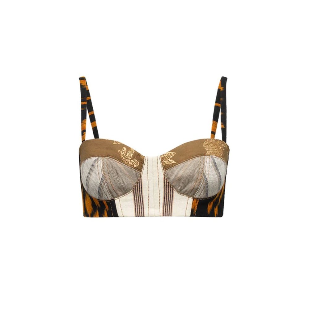 Sandra Weil Stretch Ikat Plaid Pattern Bra Patchwork Crop Bustier Brown Size 2